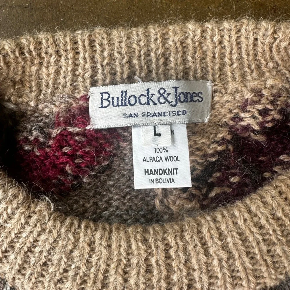Bullock & Jones Sweater Mens Large Tan Excellent Handknit Alpaca Wool Geometric